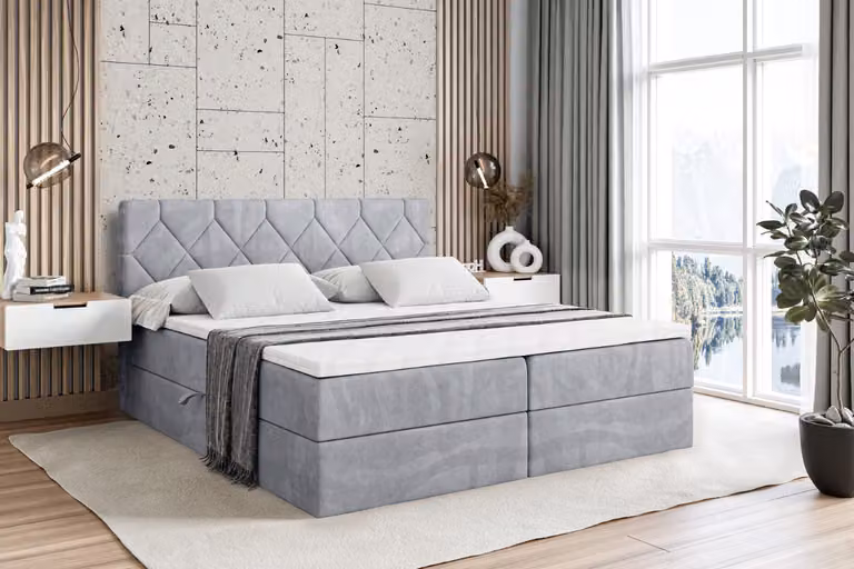 Letto boxspring ALTDECOR con materasso H3 e topper - 160 x 200 cm - CATOR - Velluto grigio - Letto imbottito con contenitore e rete a doghe, letto con spazio contenitivo