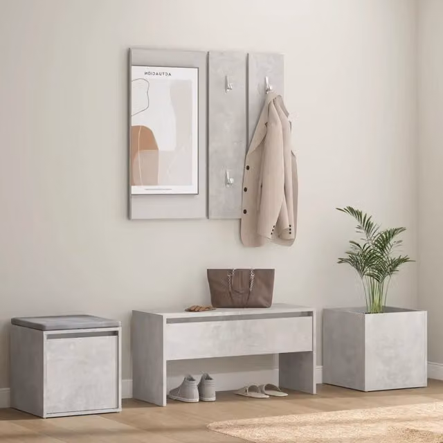 Set di mobili da corridoio moderno vidaXL in legno e plastica, colore grigio, composto da panca, specchio, pannello e scarpiera