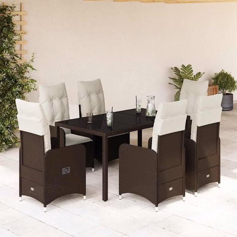 Set Bistrò da Giardino e Balcone vidaXL in Polyrattan Marrone con Cuscini Bianchi e Tavolo in Vetro 7 pz