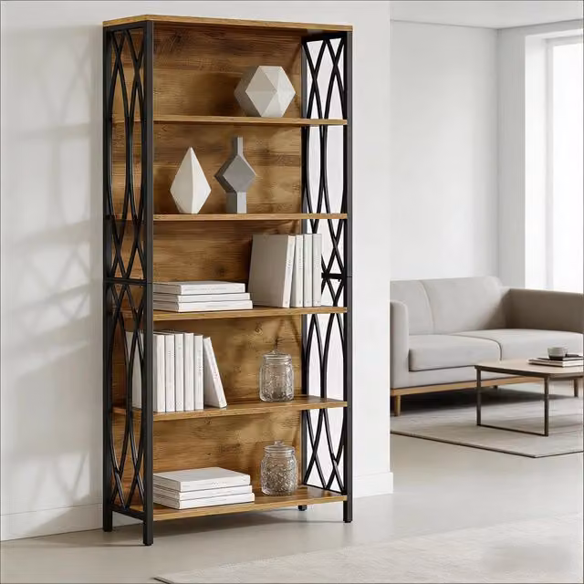Libreria industriale WISHDOR in metallo e legno nera e marrone con decorazione floreale, Altezza: 180 cm