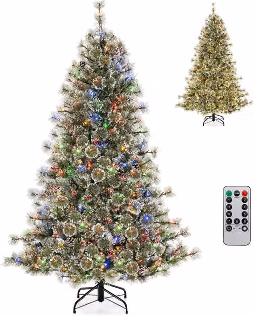 Albero di Natale artificiale con punte di pino e setole in PVC luci LED multicolore, Albero festivo pre-illuminato 180CM-Alberi di Natale