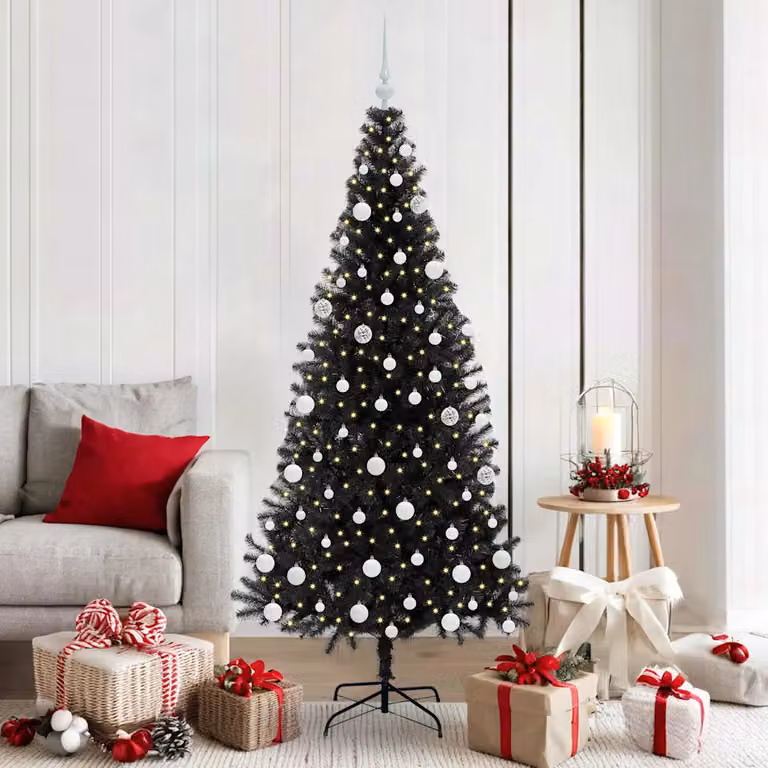 Albero di Natale moderno vidaXL nero in PVC con luci LED bianco caldo, Altezza: 180 cm