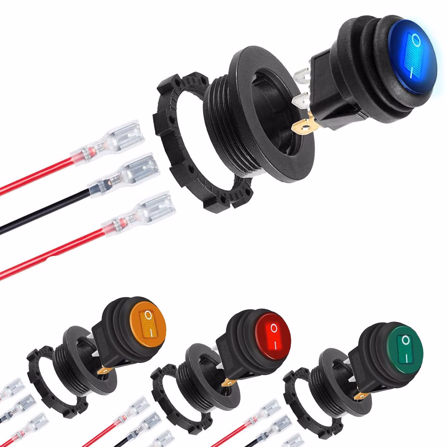 Set di 4 interruttori a levetta rotondi, 12V, LED, impermeabili, SPST, 3 poli