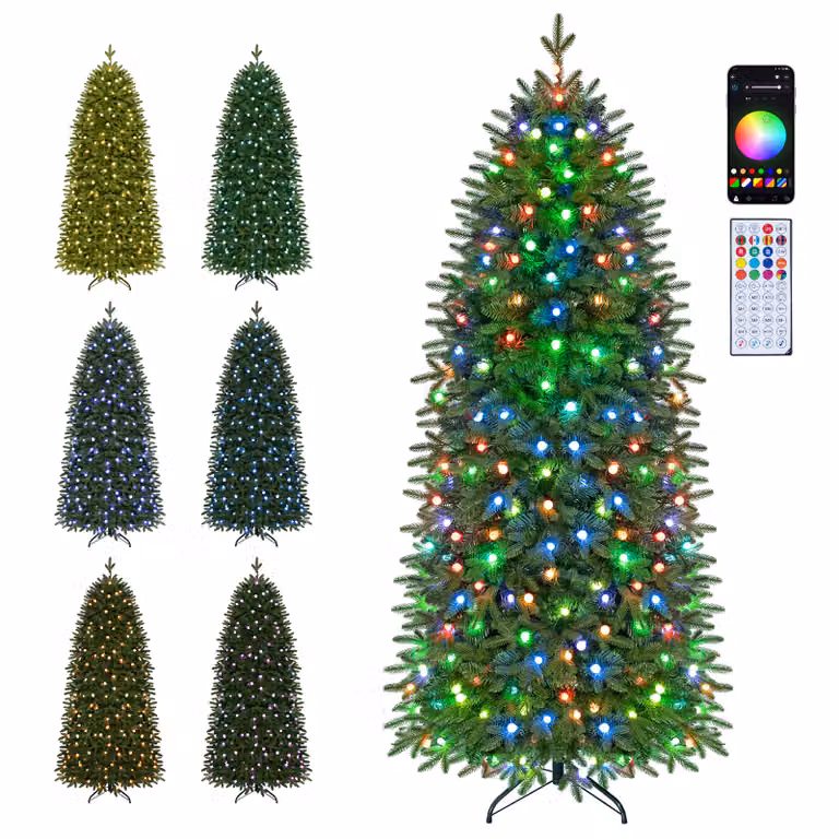 Albero di Natale Slim Artificiale Costway con Luci LED RGB Multicolore, Base e Telecomando, Verde, H 190 cm