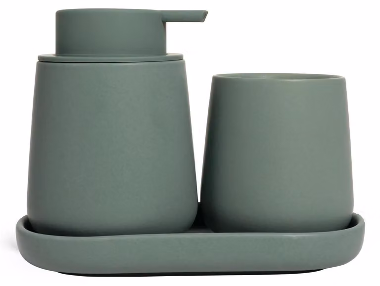 Set da bagno verde, 3 pezzi: dispenser per sapone in Vetroceramica, portaspazzolino e portaoggetti da bagno