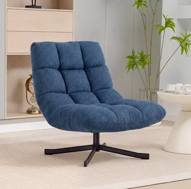 Poltrona girevole 360° in ciniglia blu scuro con schienale imbottito