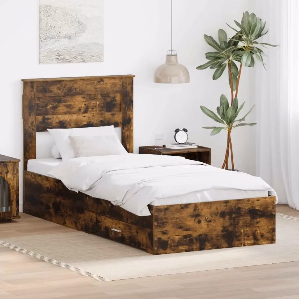 Letto singolo per adulti con cassetti DESIGN IN in legno e metallo, colore Rovere Affumicato e Argento, L 75 cm x P 190 cm – 2