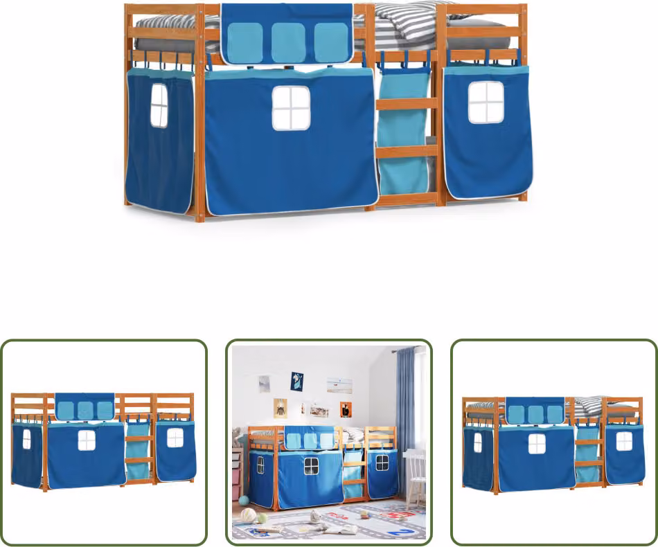 The Living Store Letto a castello con tende blu 90x200 cm in legno di pino massiccio