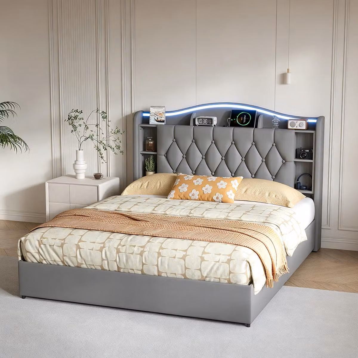 Letto matrimoniale con boxspring, imbottito, 140x200 cm, con illuminazione LED e porte USB/C, con sistema di sollevamento idraulico e spazio contenitivo, struttura letto grigia in velluto