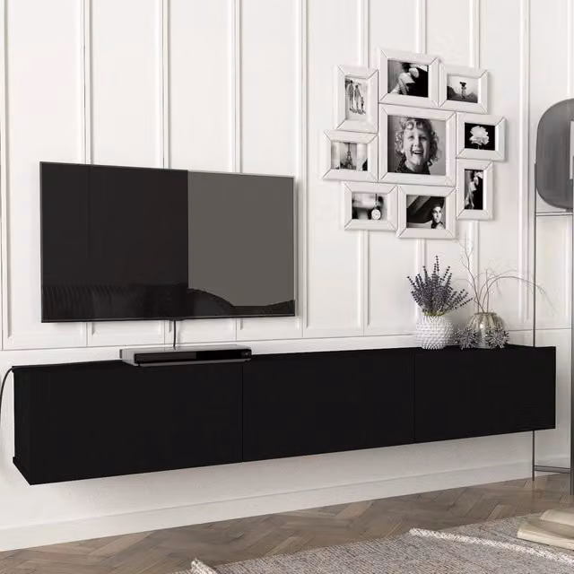 Mobile TV da parete Vihti en.casa con 3 ante a ribalta in legno, colore nero opaco, L: 180 cm, P: 31 cm, H: 29,5 cm