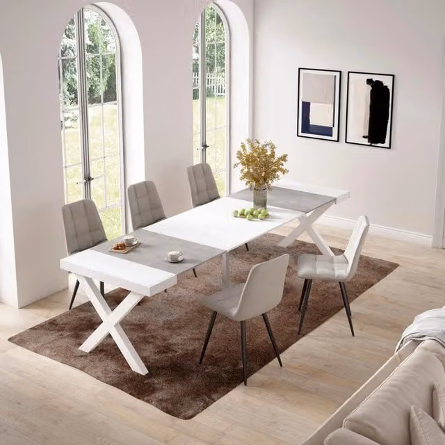 Consolle allungabile, 58 fino 302x90x73cm, Per 14 persone, Gambe in legno, Bianco e grigio cemento RF2825
