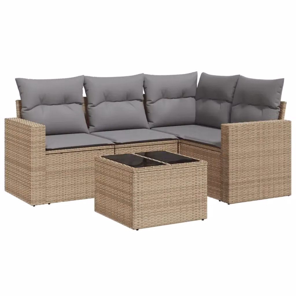 vidaXL Set Divano da Giardino 5 pz a Forma a L con Cuscini Beige in Polyrattan e Tavolino da Caffè – 2