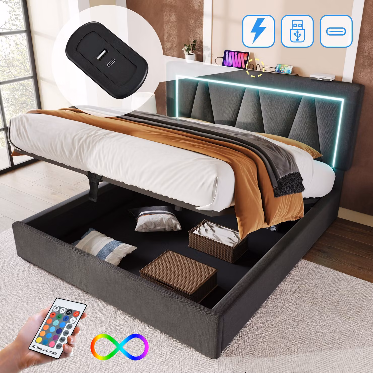 Letto imbottito STILVORA 160x200 cm, letto per ragazzi con funzione di ricarica USB e Type-C, letto matrimoniale con rete a doghe e illuminazione a LED, grigio (senza materasso)