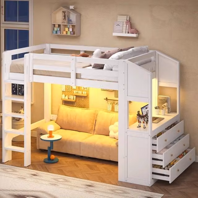 Letto a soppalco con cassetti e LED ¨C Minimal ¨C bianco 90x200 cm