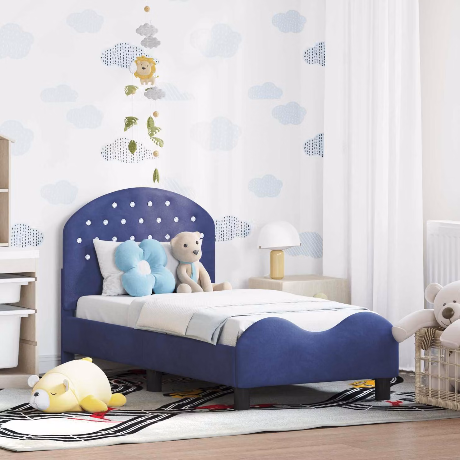 Struttura letto per bambini vidaXL in legno e velluto blu, L 140 x P 70 x H 79 cm