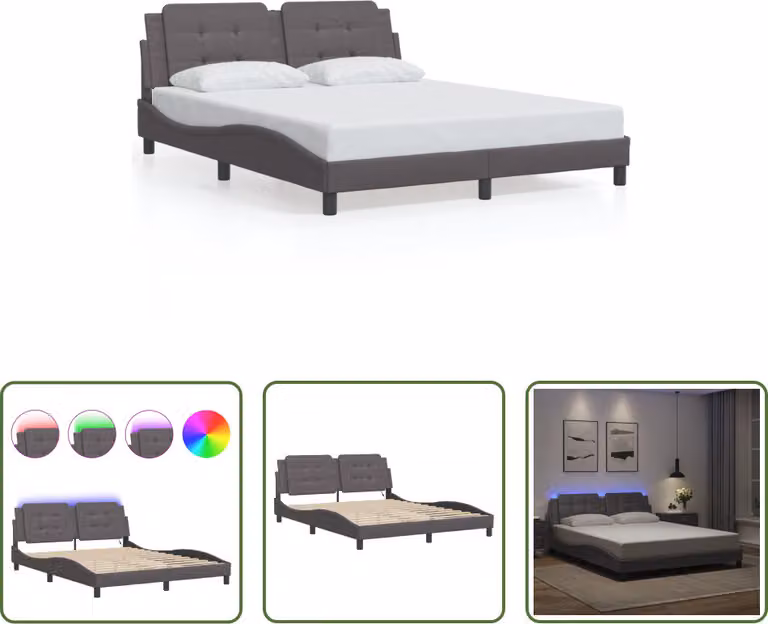 The Living Store Struttura letto con LED Grigio 160x200 cm in ecopelle