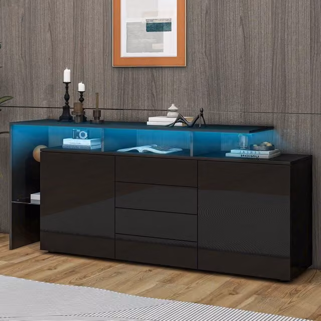 Credenza e madia LED con 2 ante, 4 cassetti e vani aperti per soggiorno, in truciolare, nero, 160 × 35 × 70 cm