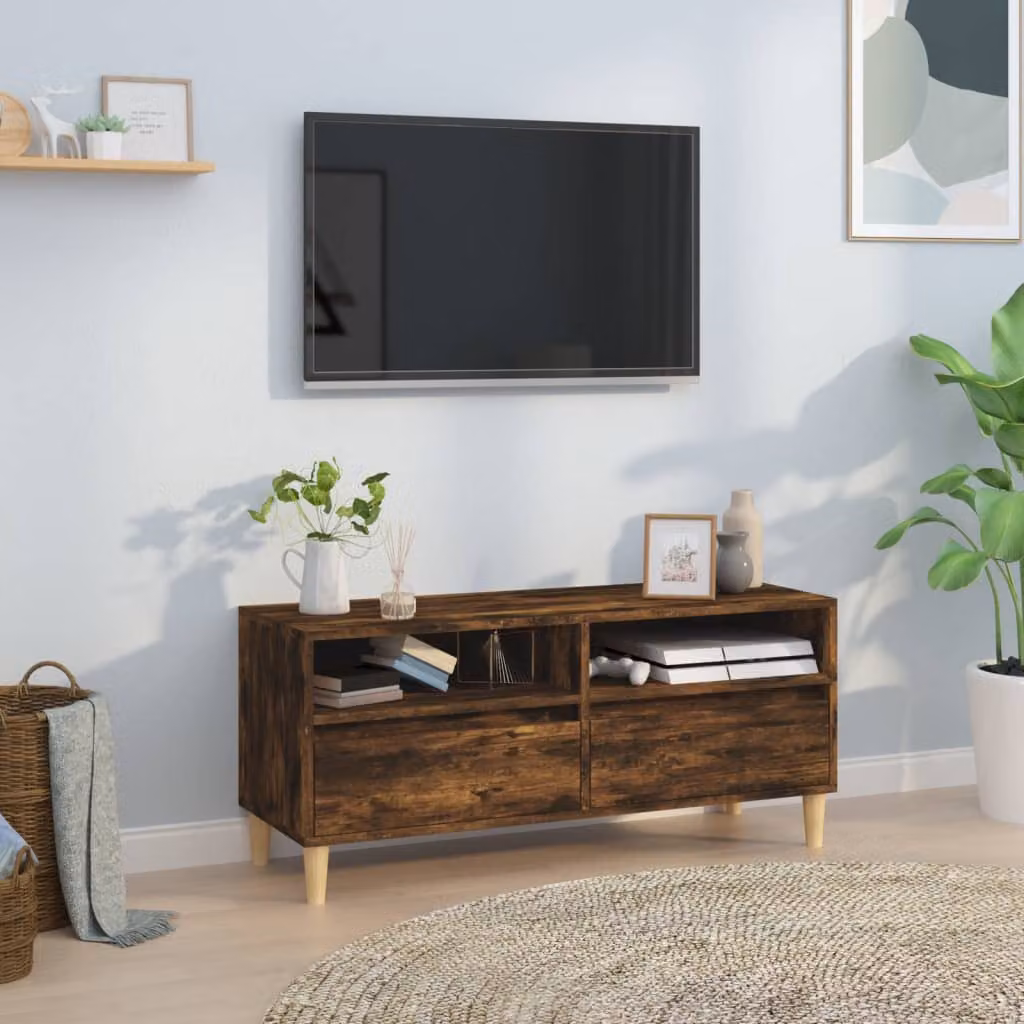 Mobile TV vidaXL in legno Rovere Fumo con ruote, L 100 cm x P 34,5 cm x H 44,5 cm