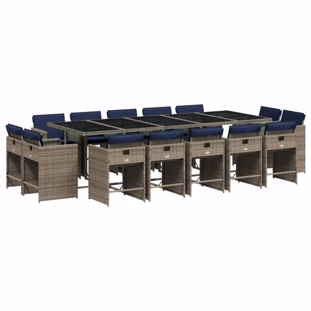 Set da pranzo da giardino vidaXL in polyrattan con cuscini e piano in vetro, 15 pezzi, Grigio – 2