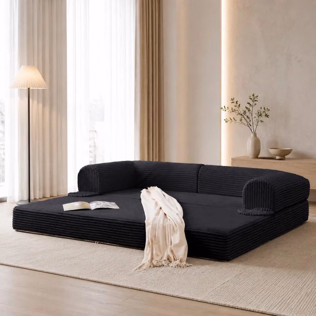 Divano letto Mivray a 2 posti convertibile in letto matrimoniale rivestito in velluto a coste nero con braccioli imbottiti – 2