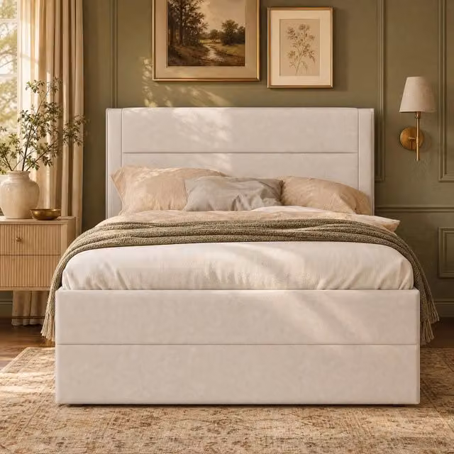 Letto singolo imbottito 90 x 200 cm con rete a doghe in metallo e vano sottostante; beige