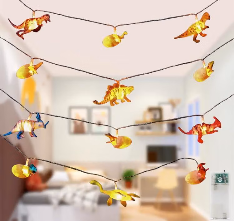 Catena luminosa a tema dinosauro, lunghezza 3,5 metri, 12 LED, alimentazione a batteria, con timer