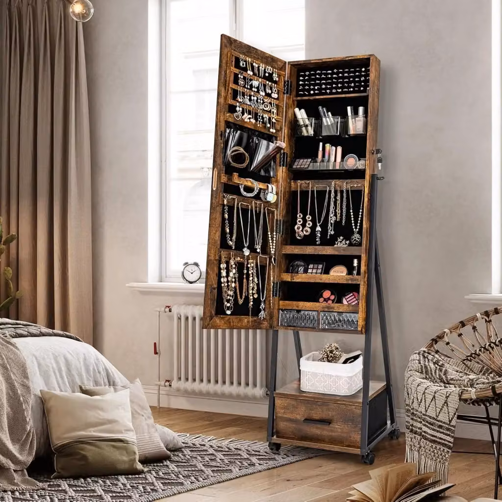 Costway Armadietto Portagioie da Terra con Specchio e Cassetti, Organizer per Gioielli e Cosmetici per Camera da Letto o Soggiorno, L/P/H: 42 x 38 x 157 cm, Marrone – 2