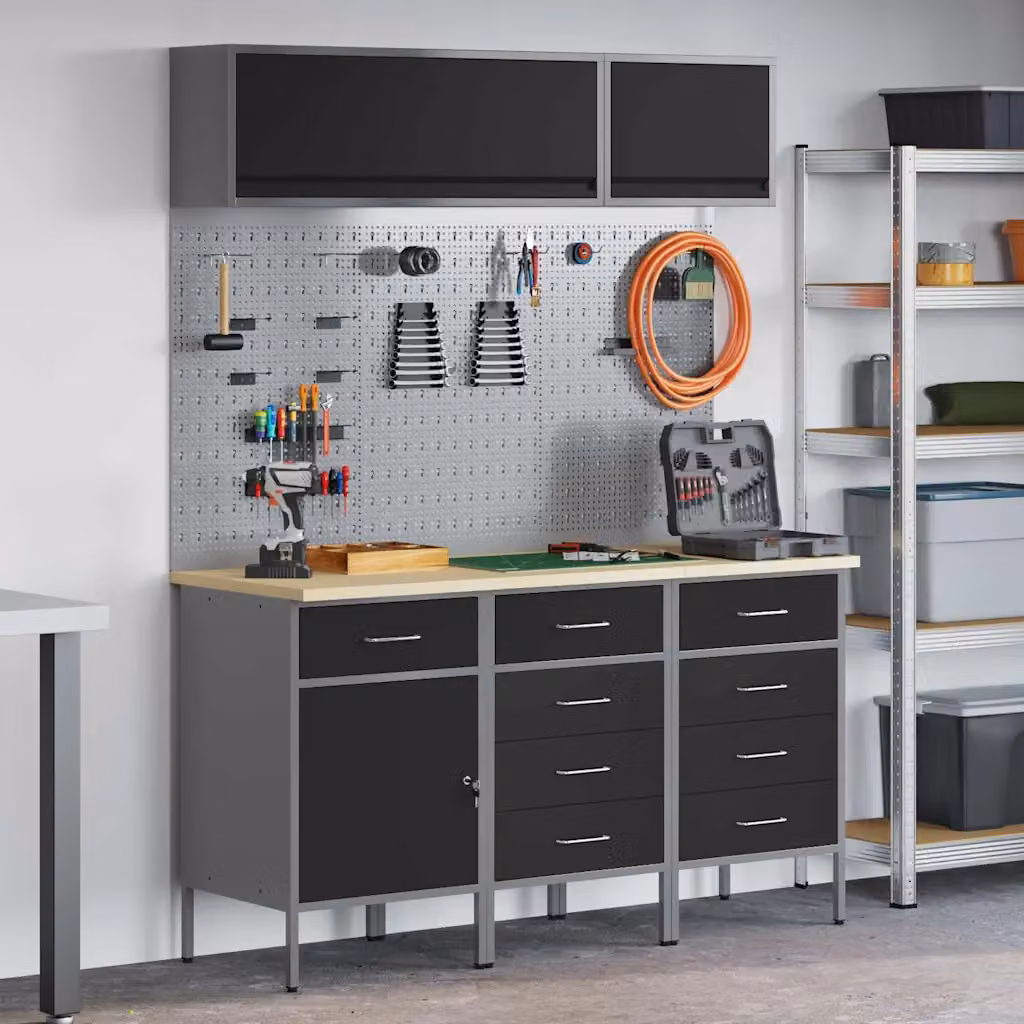 vidaXL Set di mobili da lavoro in acciaio e legno con cassetto e ante, 8 pezzi, Nero