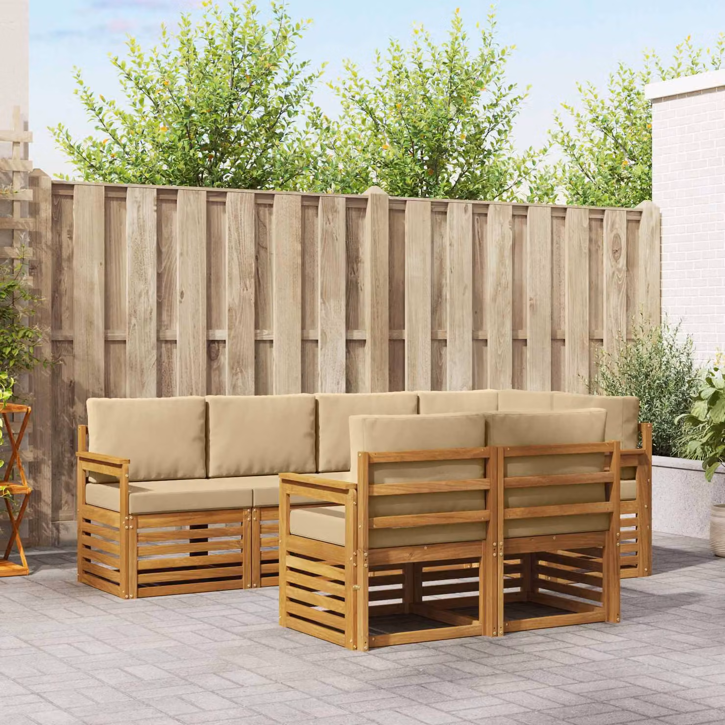 vidaXL Set di divani da esterno a forma di U composto da 7 pezzi in legno di acacia e tessuto beige e bianco