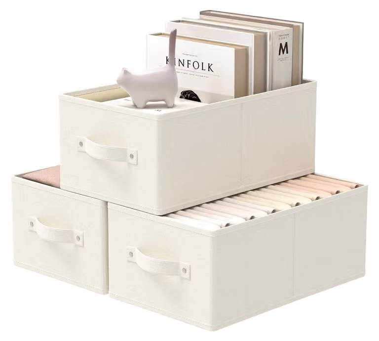 Set di 3 contenitori per l'organizzazione, color beige, dimensioni 41 x 25 x 16,5 cm, realizzati in tessuto non tessuto, ideali per l'armadio