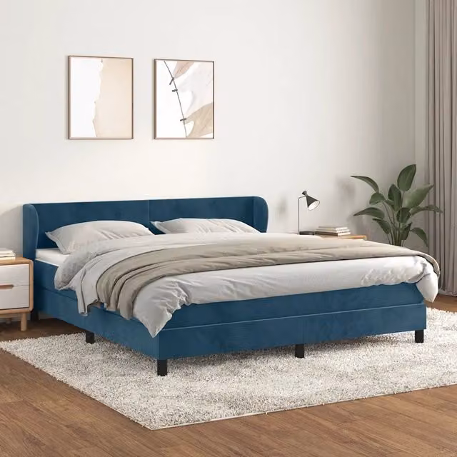 Letto con Giroletto a Molle e Materasso Ibrido vidaXL in Velluto Blu e Bianco L/P: 160 x 200 cm