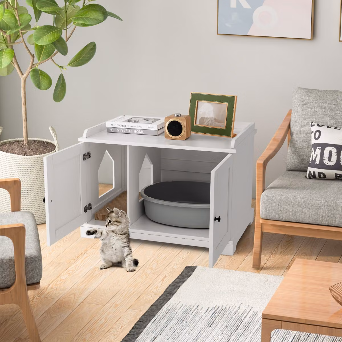 Mobile lettiera per gatti Costway con tiragraffi in sisal sostituibile e ingresso reversibile, Bianco moderno
