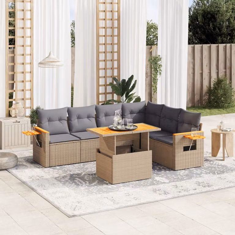 Set di divani da giardino vidaXL in polyrattan beige con cuscini e tavolino da esterno