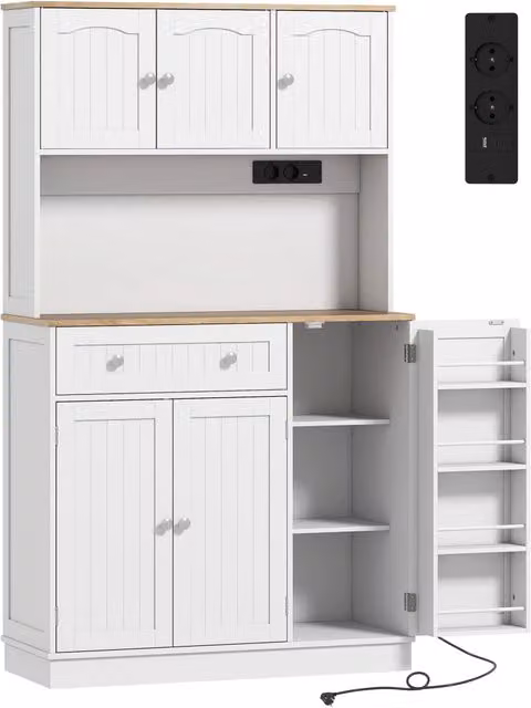 Credenza da Cucina 100x40x173A cm con Stazione di Ricarica Piano per Microonde 4 Rastrelliere per Spezie in MDF Bianco