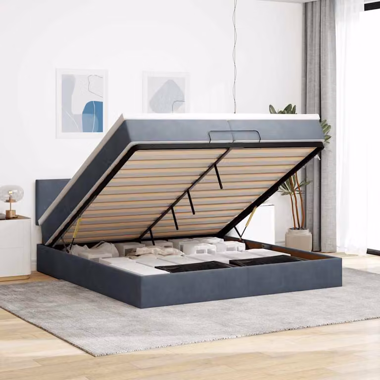 Letto con contenitore a sollevamento e materasso vidaXL in velluto grigio e bianco L: 200 cm, P: 200 cm, H: 280 cm
