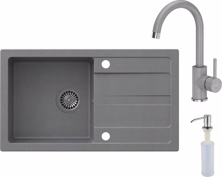 VBChome Lavello con rubinetto 77 x 44 cm Grigio Lavello singolo da incasso Gocciolatoio Maculato Reversibile Lavello in granito Sifone Dispenser per detersivo Rubinetto