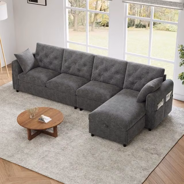 Divano angolare a L REDOM in velluto grigio reversibile con funzione letto e cuscini inclusi, L: 281 cm