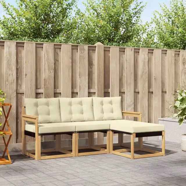 Set di divani da esterno a L con pouf vidaXL in legno di acacia e tessuto textilene, colore bianco e beige, comprensivo di cuscini – 1