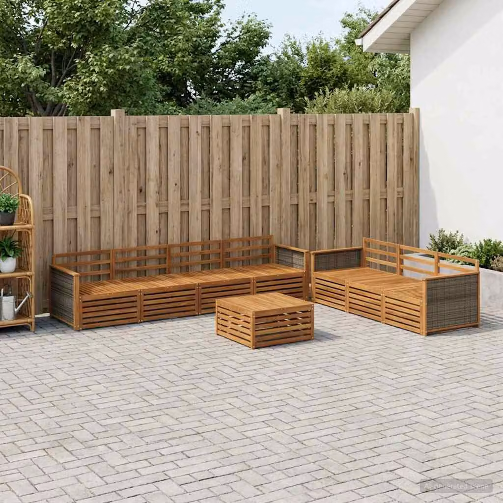 vidaXL Set di divani da esterno 8 pz in legno di acacia massello marrone con cuscini e tavolino da caffè
