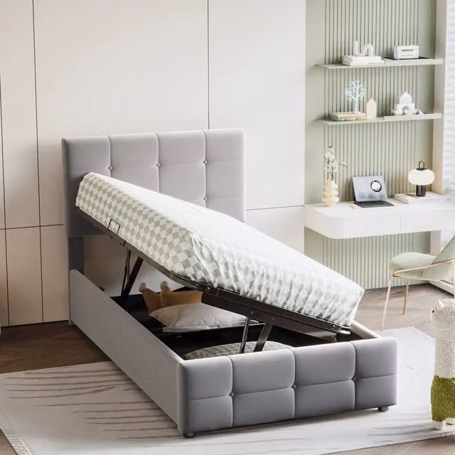 Letto per bambini imbottito 90 × 200 cm con vano contenitore idraulico testiera regolabile grigio in velluto