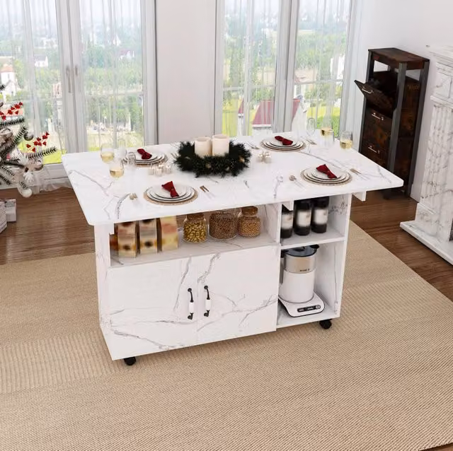 Tavolo da pranzo pieghevole ULEVR 110x70x80 cm con vano e ripiani, 5 ruote di cui 4 bloccabili, bianco