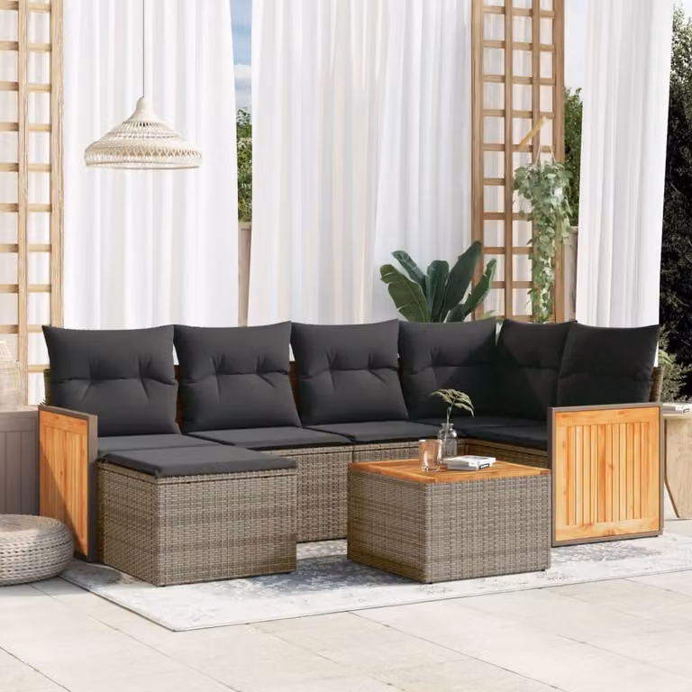 Set Divani da Giardino vidaXL 7 pz in Polyrattan Grigio con Cuscini e Tavolino da Esterno a Forma di L