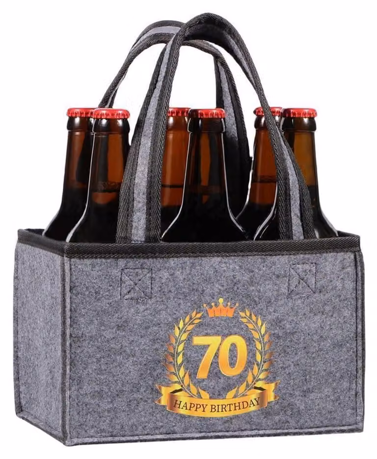 Portabottiglie in feltro grigio per 6 bottiglie, pieghevole, con divisori, ideale come regalo per il 70° compleanno