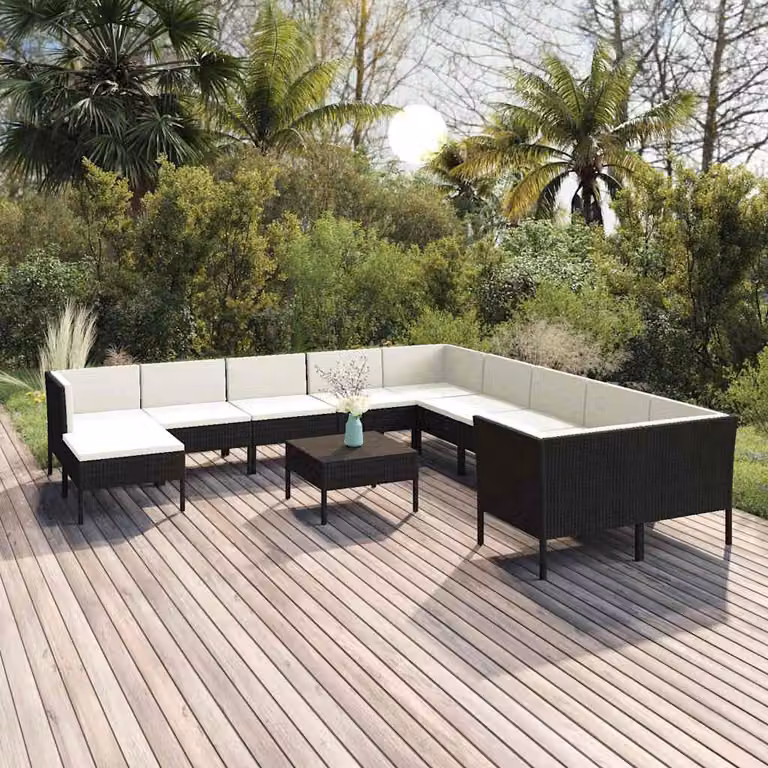 Set Divani da Giardino vidaXL a Forma a U con Cuscini e Tavolino, Colore Nero e Bianco
