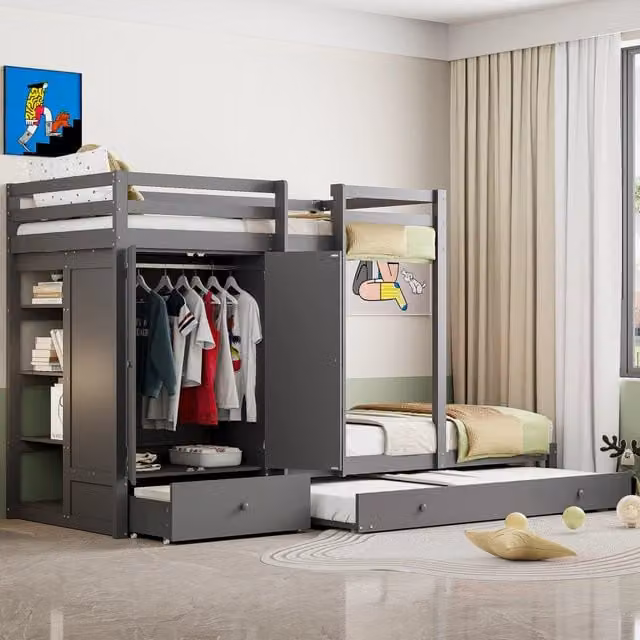 Letto a castello REDOM in legno con letto estraibile e cassetti, colore grigio, dimensioni 90x200 cm