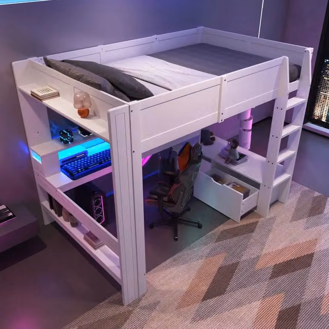 Letto a soppalco Mivray bianco con scrivania, cassetti, scaffali e illuminazione LED in legno di pino e MDF, L/P/H: 200 x 140 x 218 cm – 1