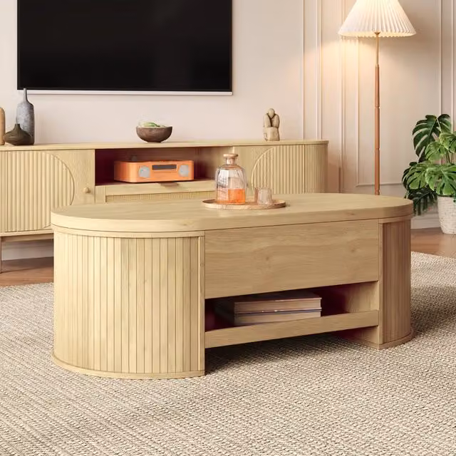 Tavolino basso alzabile con piano sollevabile e ripiano estraibile in MDF naturale 110 × 55.5 × 40 cm