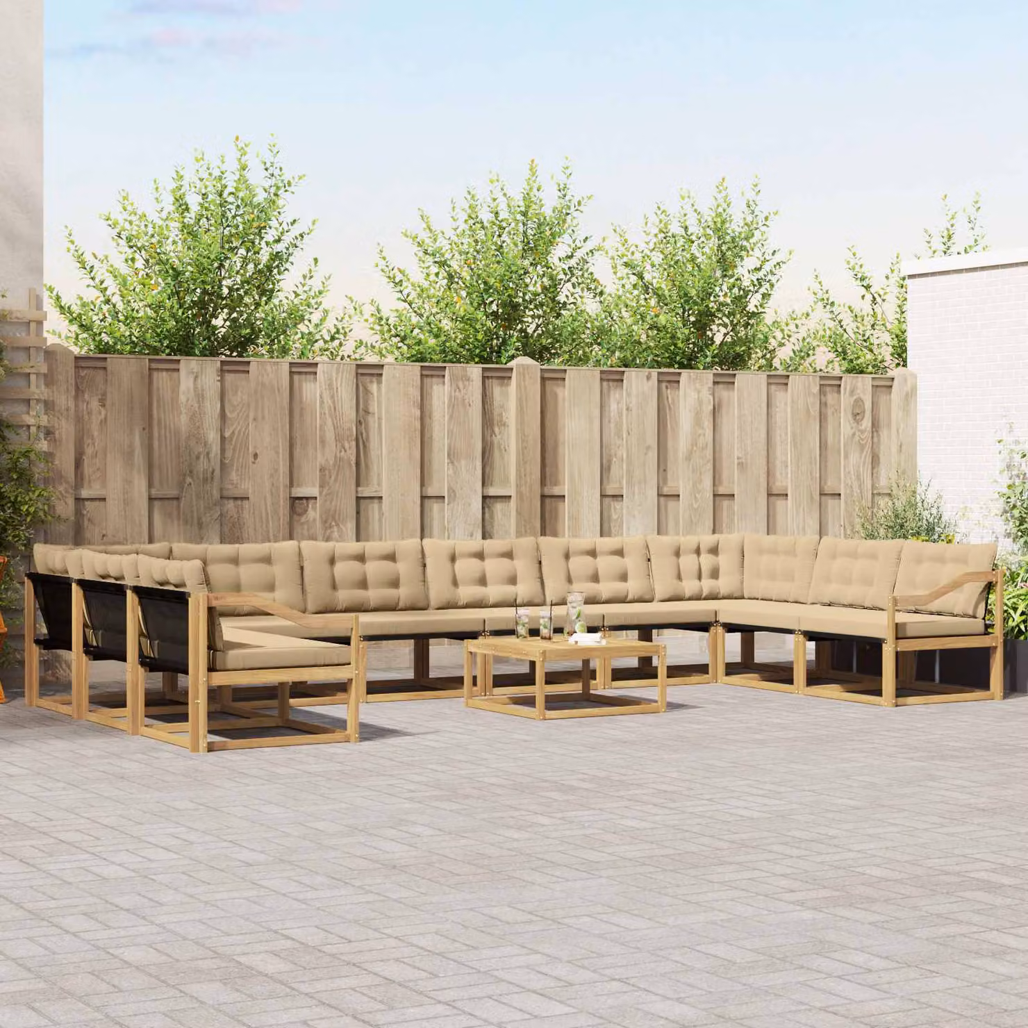 Set di divani da esterno vidaXL 11 pezzi in legno di acacia con tavolino e cuscini, Bianco e Beige