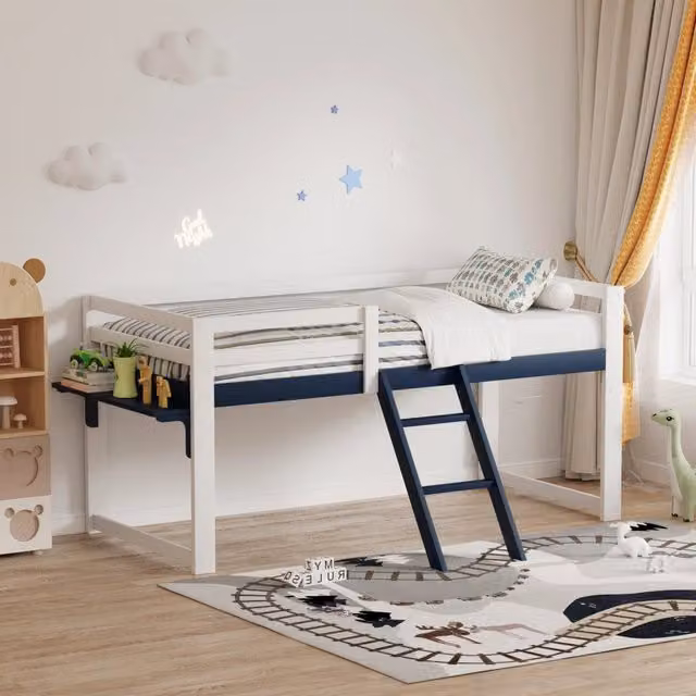 Letto a soppalco per bambini MINIMAL in pino massello con tavolo e scala, bianco e blu, L/P/H: 200 x 90 x 151 cm