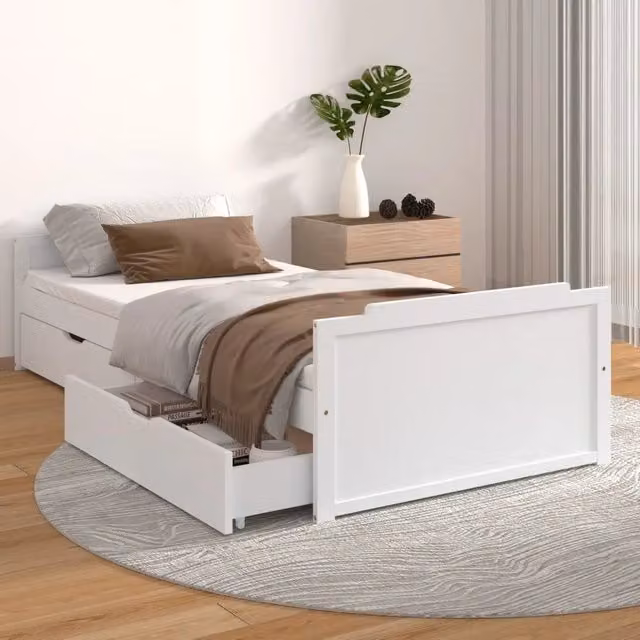 Giroletto-Struttura Letto Bianco con Cassetti Legno Massello di Pino 90x200cm